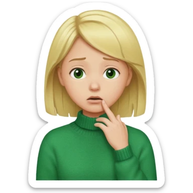 blonde girl has sore throat in green sweater with hand on throat sticker