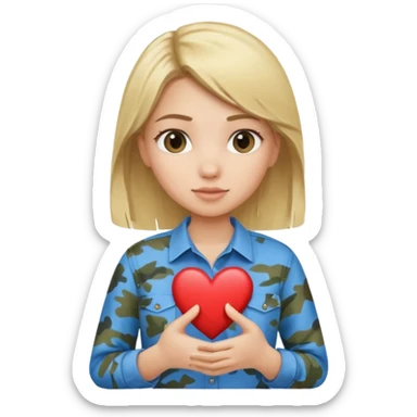 Blonde girl wearing blue shirt holding camo heart sticker