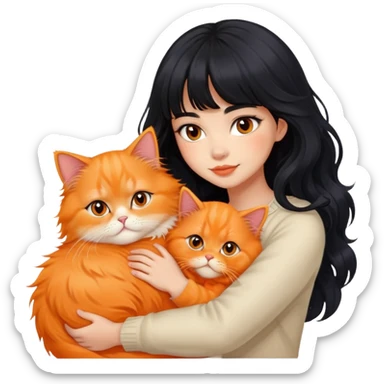Beautiful girl with long wave black hair and bangs hugging orange Persian cat fluffy fur sticker