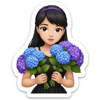 Latina girl with bangs black long hair in pony tail plus size black dress holding a blue and purple bouquet of hydrangeas sticker