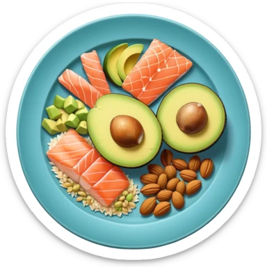 plato con comida variada granos aguacate salmon nueces arroz sticker