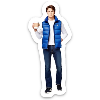 full body man with long sleeve white shirt with blue puffer winter vest with no pockets wearing straight long boot cut levi blue jeans with no cuffs and black tennis shoes holding a coffee mug in one hand directly in front of him at his chest and nothing in the other hand with his weight on one leg sticker
