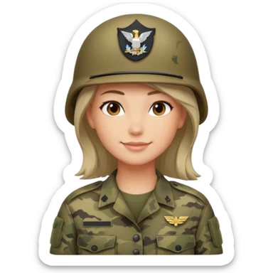 Female soldier emoji in Apple style, no cap/helmet, bust portrait, gentle smile, generic camo, hair visible, soft gradients, transparent PNG sticker