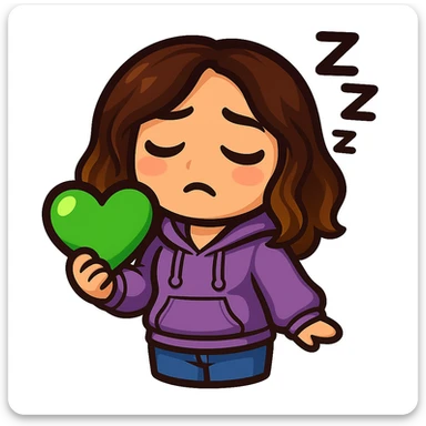 Sticker style chibi emote, matching the attached green heart emote as a base, but with a slightly skinnier body and a bigger chest. Woman from reference, lavender hoodie and blue jeans, sleepy with Zzz, cute tired face, no headband, no wand, transparent background. Top color should not match jeans. sticker
