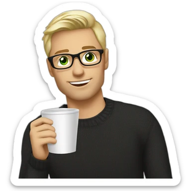 Blonde man green eyes in black jumper with clear glasses holding a white coffee cup sticker