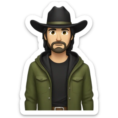 White hazel eyed cowboy with black long hair and beard wearing a black cowboy hat and olive green hoodie sticker