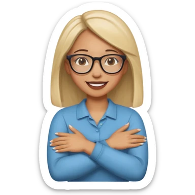 Mixed girl with straight hair and glasses with arms crossed holding neck laughing  sticker