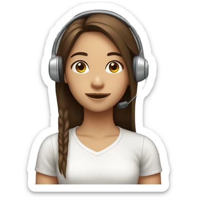 girl with long, straight brown hair, wearing a white shirt, wearing a headset sticker