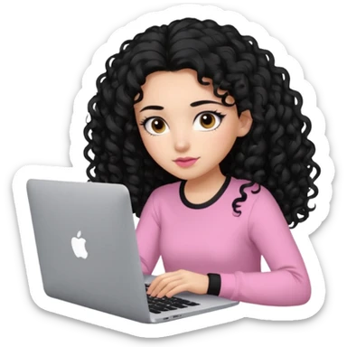 a girl typing mac book with long black curly hair and brown eyes with black eyeliner, pink shirt sticker