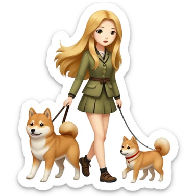 Long-haired beautiful girl walking the Shiba Inu sticker