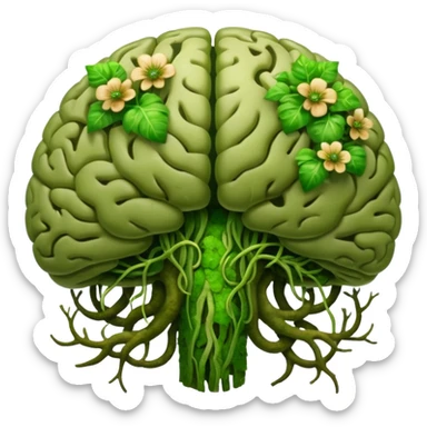 brain with moss and green fungi, vines taking over sticker
