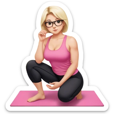 view from quarter angle, fair skinned woman, thick milf, short blond hair, small reading glasses, squatting down in kitchen, pink loose tank top, showing natural B cup breast shape SFW, black yoga pants, large curvy booty sticker