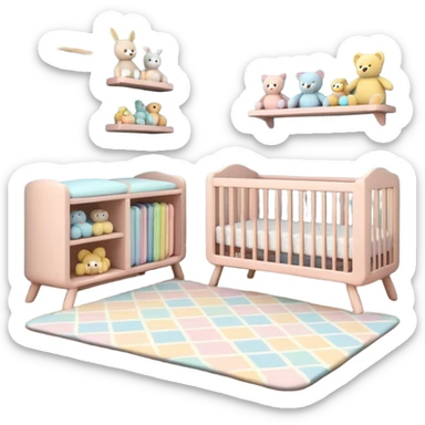 baby room, Crib beside toy shelf and rug sticker