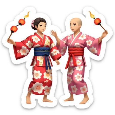 Cinematic Realistic scene of two performers engaging in Bon Odori, dressed in traditional yukata with intricate summer patterns, captured in graceful, rhythmic motion with warm, festive lighting sticker