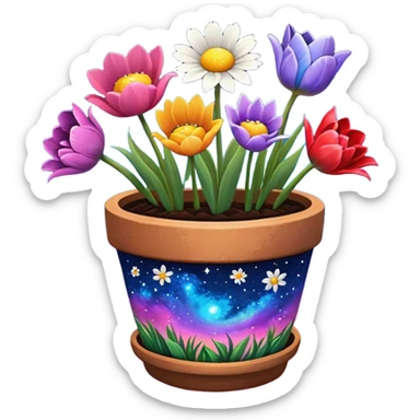 Galaxy Painted flower clay pot of Space Petalled Daisies, Nebula Petalled Roses, And Milky Way Petalled Tulips, sticker