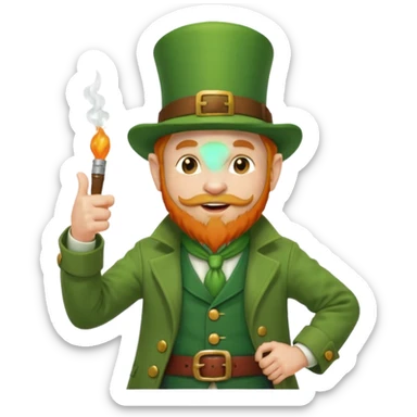 leprechaun looking up, and giving a thumbs up. on his left hand, he is holding his waist. change the hat band with orange band and a red belt. change the facial hair to white. on his mouth, he is smoking a red pipe. sticker