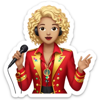 Create a vibrant and dynamic emoji that represents pop or stage vocal performance. The design should feature a close-up of a classic stage microphone (retro-style) with a lanyard, set against a stage background without people. Add concert lighting, a celebratory salute of confetti or fireworks in the background, and musical notes forming a ribbon, symbolizing the performance and creativity of pop vocals. Include subtle elements like a formal stage costume to emphasize the professional aspect. Use bright, bold colors like gold, red, and neon to reflect the energetic and glamorous nature of pop vocal performance. The background should be transparent. sticker