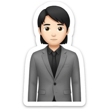 asian young man with long black hair middle part haircut in grey blazer and black t-shirt  sticker