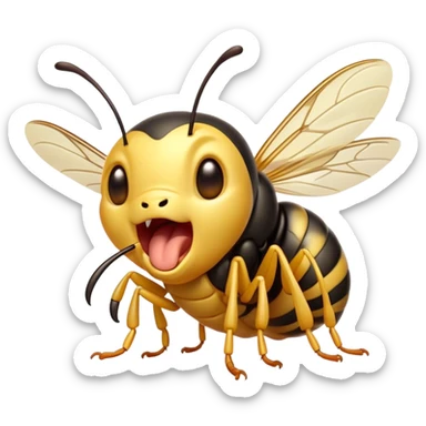 Cinematic Adorable Yawning Wasp Portrait Emoji, Head tilted slightly with a dramatic, wide-open yawn, showcasing a tiny, streamlined body with gently drooping wings and sleepy, half-closed eyes, Simplified yet irresistibly cute features, highly detailed, glowing with a soft, cozy glow, high shine, relaxed yet expressive, stylized with a dash of whimsical insect ease, soft glowing outline, capturing the essence of a drowsy wasp that appears ready to stretch and yawn its way out of the screen! sticker