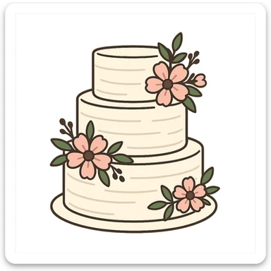 flat toon white buttercream three-tiered wedding cake with flowers sticker