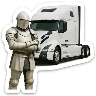 Remove the background, keep only the white knight and the 2022 white Volvo semi sleeper truck with transparent background. sticker