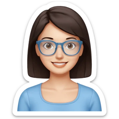 mujer de 30 años, cabello marron oscuro, anteojos cuadrados transparente, top celeste escote cuadrado, piel blanca, cara redonda sticker