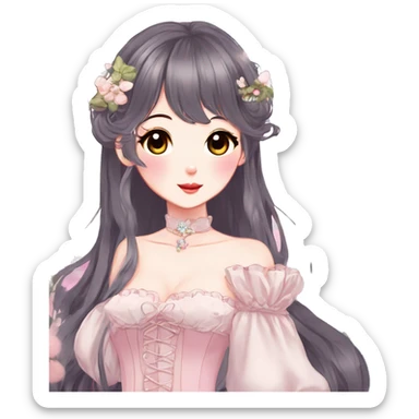 Gorgeous anime style lady with blushing face and accessories cottagecore fairycore Kawaii anime colorful pearly romantic aesthetic trending style sticker