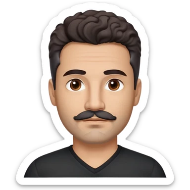 Hispanic man in his 40s with light cinnamon skin. Structured face with defined jawline. Calm brown eyes. Natural thick eyebrows. Connected mustache and chin beard (goatee) in black with a few gray hairs. Short curly dark hair. Wearing a black V-neck t-shirt. sticker