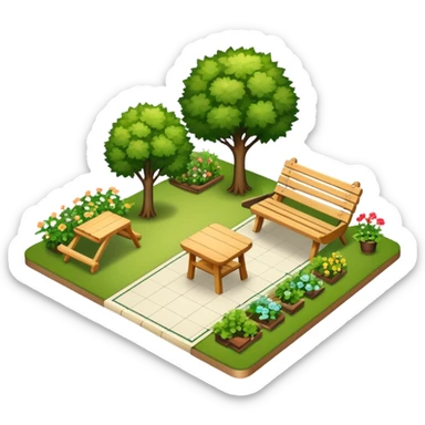 Icon for Landscape Design: a garden layout with trees, plants, pathways, and outdoor furniture, along with design tools like a ruler, pencil and sketchpad. The icon should represent the creativity and planning behind landscape design. Transparent background. sticker