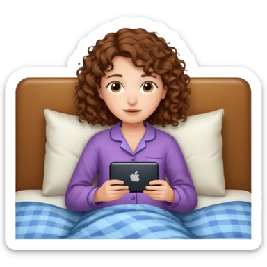 Draw a girl with shoulder-length curly hair, lying in bed watching TV, but make her look at the TV. sticker