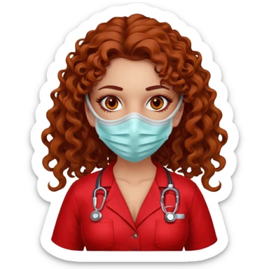 Sensual Spanish Lilith core evil surgeon.red outfit.  Surgeon has hazel eyes. Her hair is BROWN. Hair is also  long and  curly. wearing a sexy surgeon outfit with platform  heels.she is a calculated killer. She covers only her mouth and nose with mask to hide identity sticker