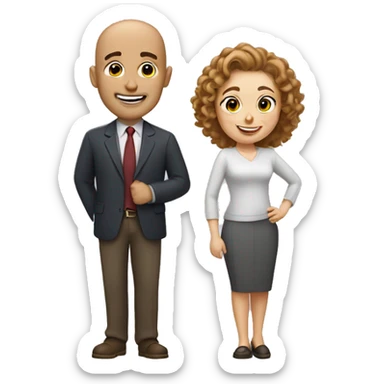 bald man without glasses and a shorter woman with brow curly hair, both smiling and waving hi sticker