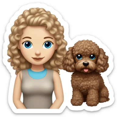 white girl with blue eyes and long curly brown hair with toy poodle dog breed sticker