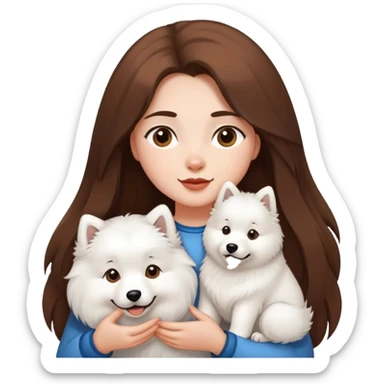 A girl with long brown hair holding a Samoyed sticker