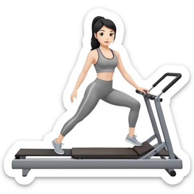 Fair-skinned black hair girl wearing grey workout set in leggings and bra doing pilates on a reformer sticker