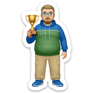angry full body white obese male basketball coach with trophy. Goatee , Wearing glasses and blue and green hoodie and khaki pants sticker