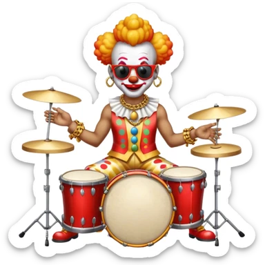 Clown with big golden chain on the neck wearing sunglasses plays drum kit full height sticker