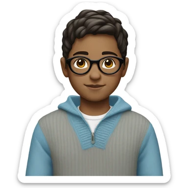 A little boy that is about 10 years old, fair skin, wearing circular glasses and dark brown hair and a light blue sweater sticker