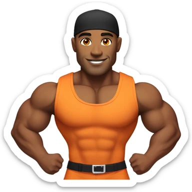 a male bodybuilder in an orange singlet, with a perfect face, orange eyes and a black and orange cap, depicted over his shoulders sticker