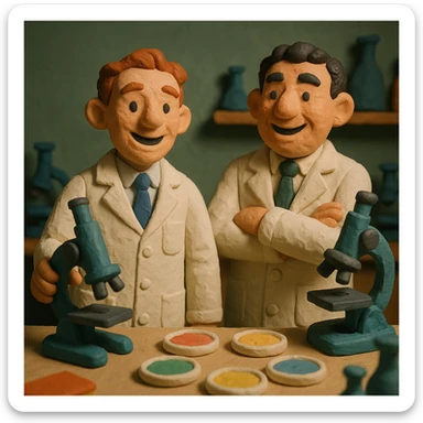 Two happy 1940s male scientists wearing white lab coats over a suite in their science laboratory full of microscopes and petri dishes. sticker