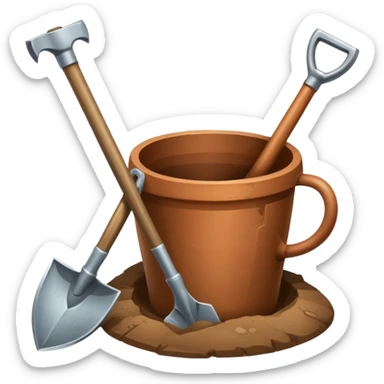 An icon featuring a shovel, pickaxe, and an ancient artifact like a broken pot, symbolizing the essentials of archaeology. The design focuses on the tools of excavation and discovery, recognizable look. Transparent background. sticker