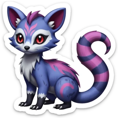 Rare warm-colored exotic gloomy tropical edgy cute epic aesthetic spooky indigo purple white black red gothic colorful Salandit-Furret-Espurr-Meowstic-Civet-species-Fakemon-hybrid-creature, with tribal tattoo markings, full body sticker