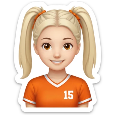 - Nữ
- 15 tuổi
- Da trắng
- Tóc buộc gọn gàng
- thân thiện ,xinh, cười mỉm
- Mặc áo cổ vũ cam
- ảnh chân dung, không cần tay sticker
