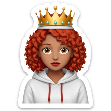 Slim girl with a fine face, dark chocolate-colored and tanned skin, medium-length curly tomato-red hair, dark eyes, medium-thick eyelashes, and a crown and hoop earrings wearing a white hooded sweatshirt.
 sticker