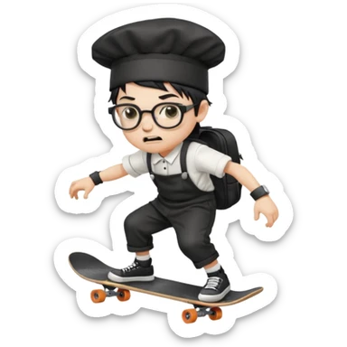 ["An angry boy  wearing a chef hat and square glasses, dressed in goth fashion, is skateboarding while holding a backpack."] sticker