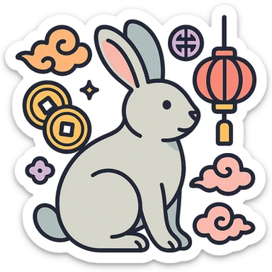 rabbit, symbol of the year in feng shui, Chinese style, thin clean outlines, soft rounded shapes, pastel palette #98B5BC, #B5B3C1, #C9A3C9, #E4C0CA, #F7DCD1, #F7C0AA, modern Japanese pop art and sticker aesthetics, detailed shadows and highlights, soft lighting, transparent background, with Chinese decor (coins, lanterns, clouds, patterns) sticker