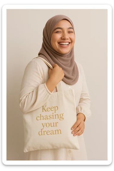 A cheerful hijabi girl, holding a tote bag with the phrase 'keep chasing your dream' written in soft gold text. She looks beautiful and happy. sticker