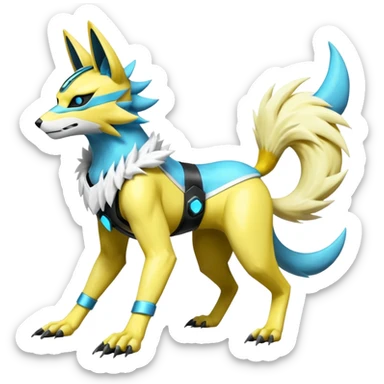Shiny cyan yellow white electric complex futuristic white-cyber-masked Zeraora-Renamon-Electrike-Umbreon-Lombax-Weregarurumon-fusion-creature (full body sticker