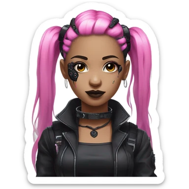 cyberpunk girl, pink twintails, black collar, black crop top, cyborg, goth makeup sticker