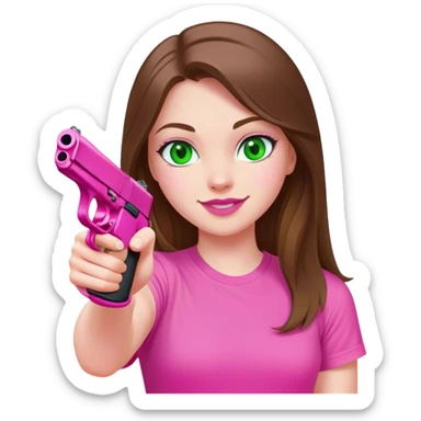 mid sized white skinned girl with green eyes and long brown hair aiming a pink pistol smiling in a pink t-shirt with pink lips sticker